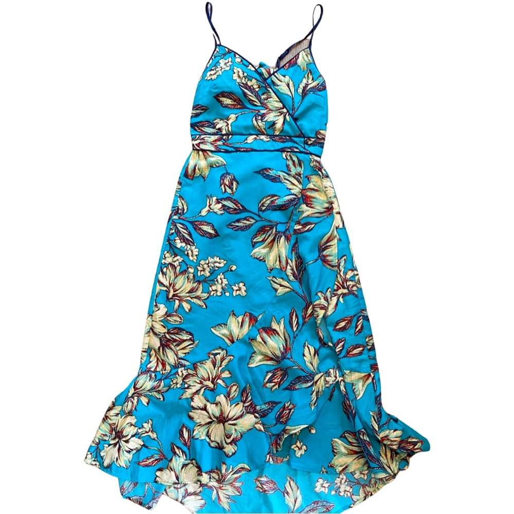 Land of the Free Turquoise Blue Tropical Print Spaghetti Strap High Low Dress XS
